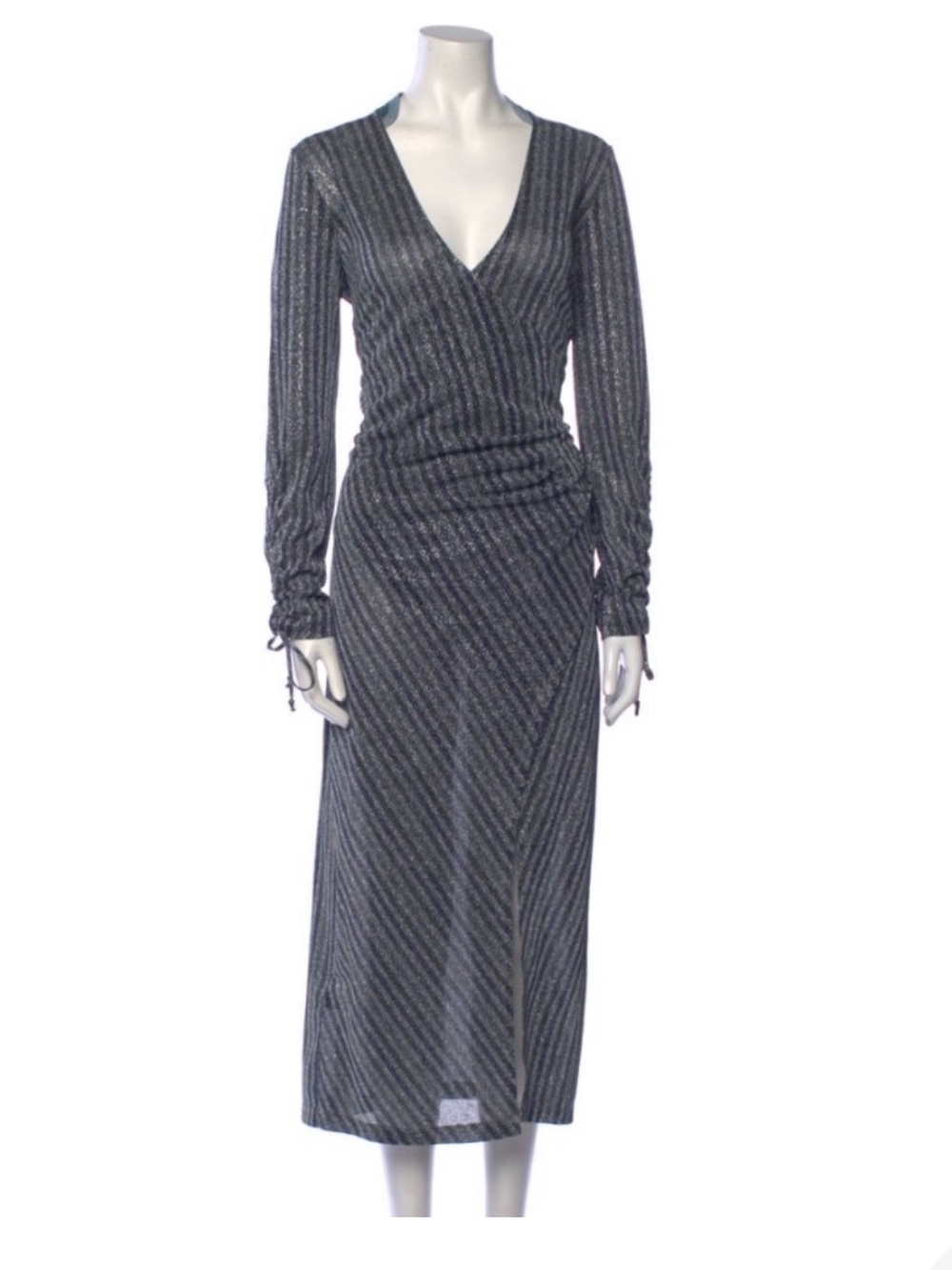 Jonathan Simkhai Charcoal Metallic Stripe Long Sleeve Wrap Maxi Dress